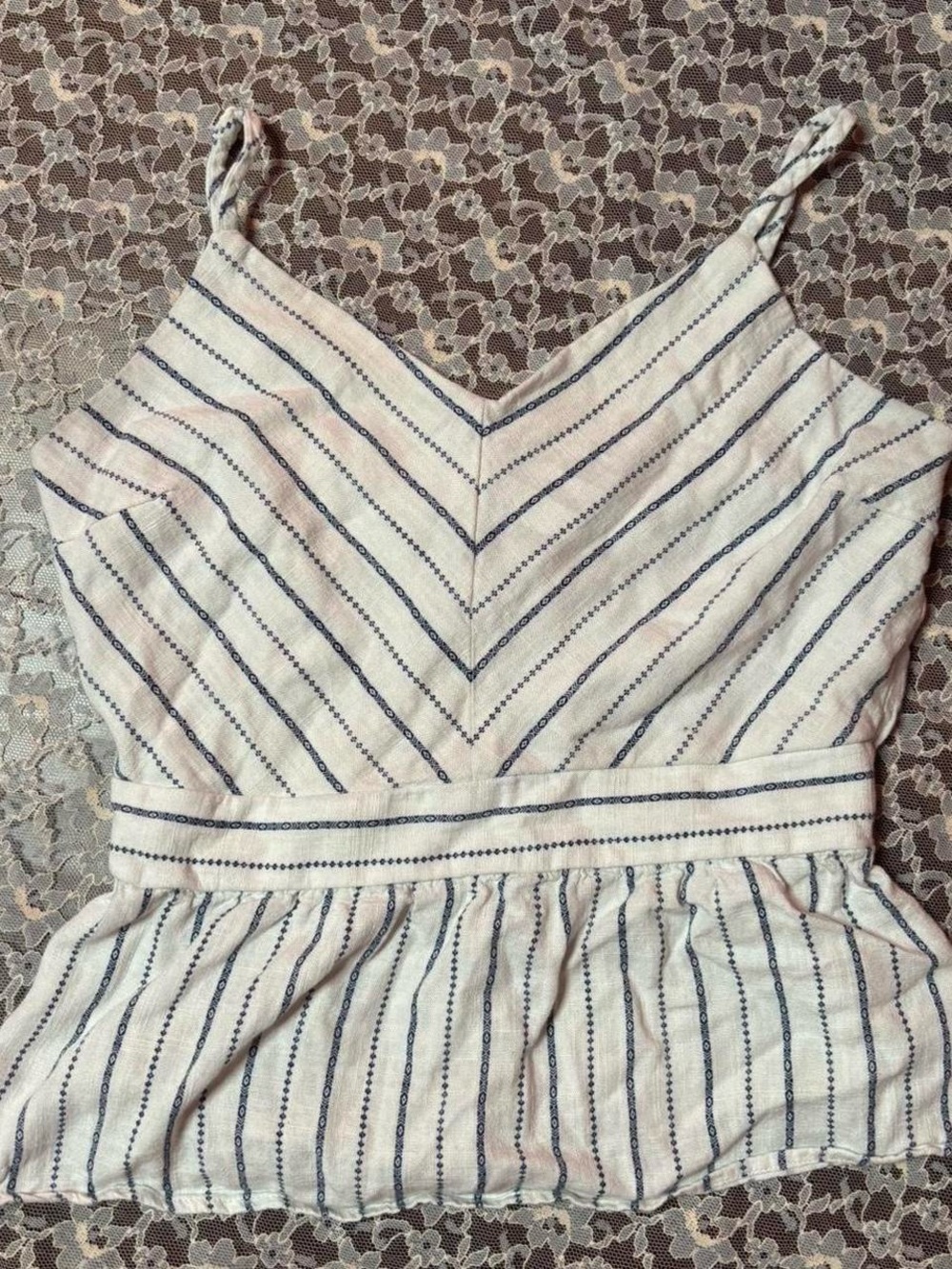 Monteau Cream and Navy Striped V-Neck Peplum Tank